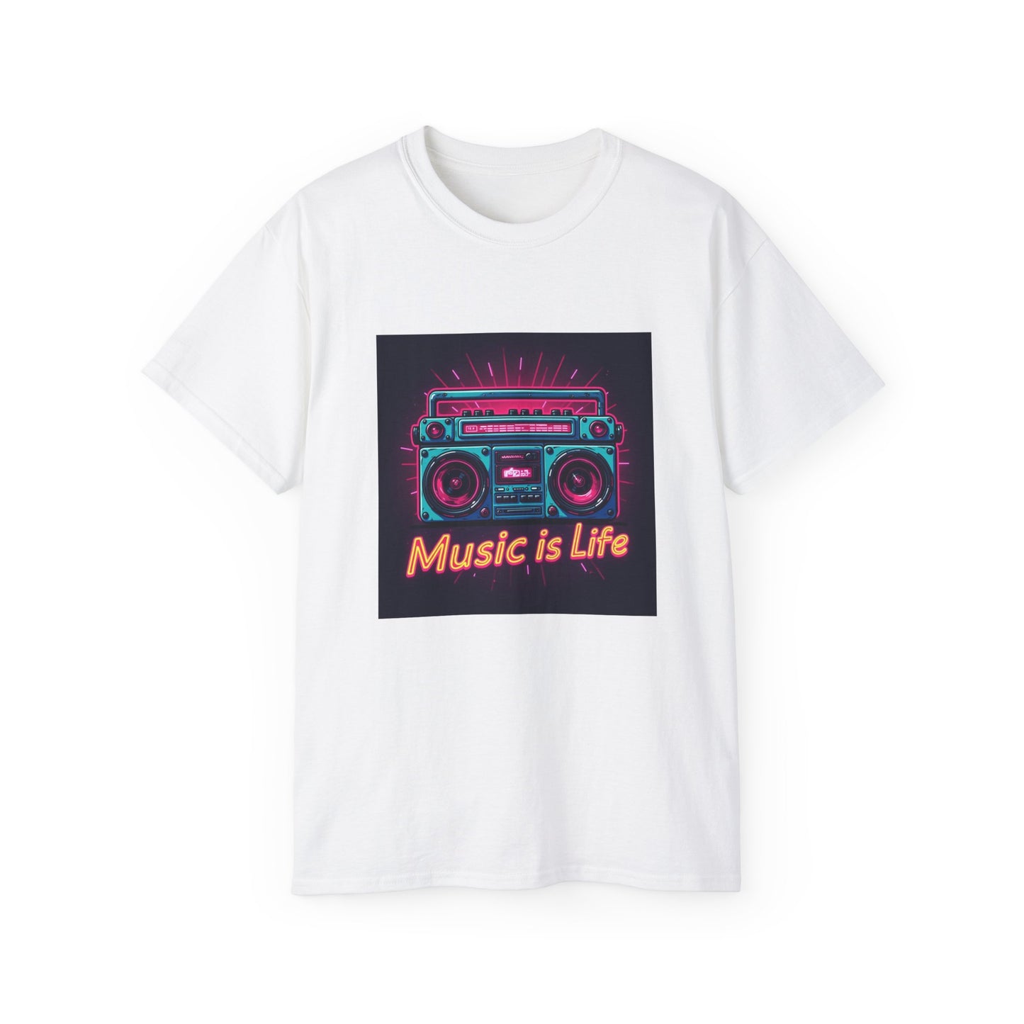 Music Is Life T-Shirt | Boombox | 80s Music | Neon Design Tee