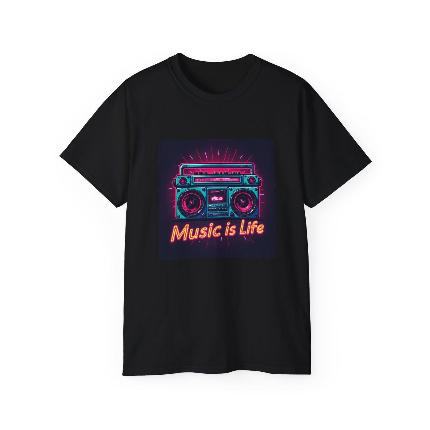 Music Is Life T-Shirt | Boombox | 80s Music | Neon Design Tee